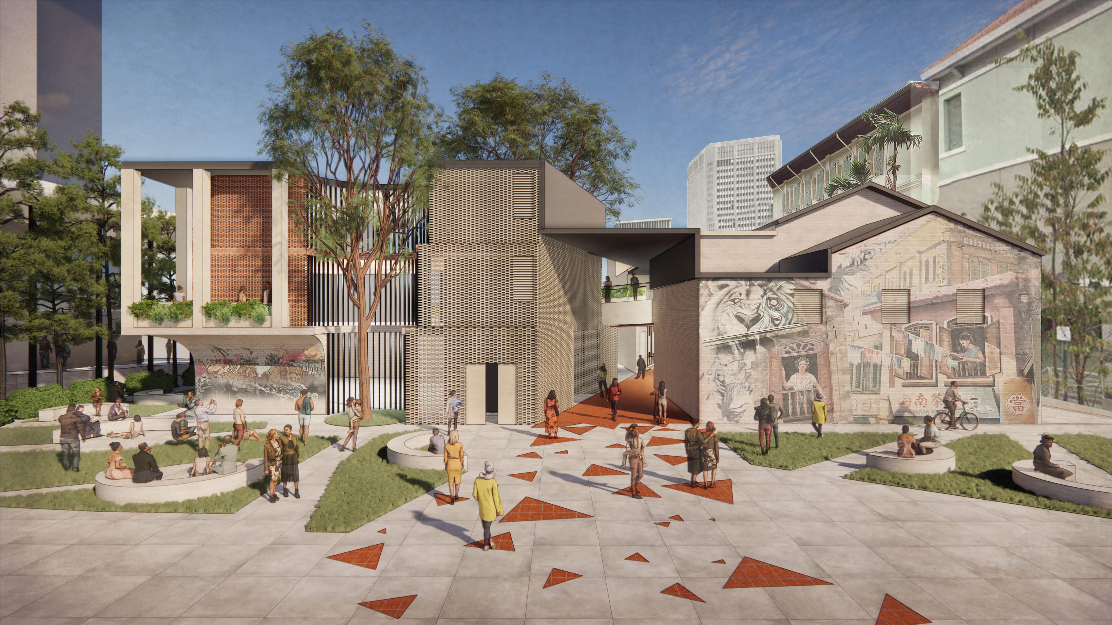 Architectural rendering of a modern building with a public plaza and people enjoying the space.